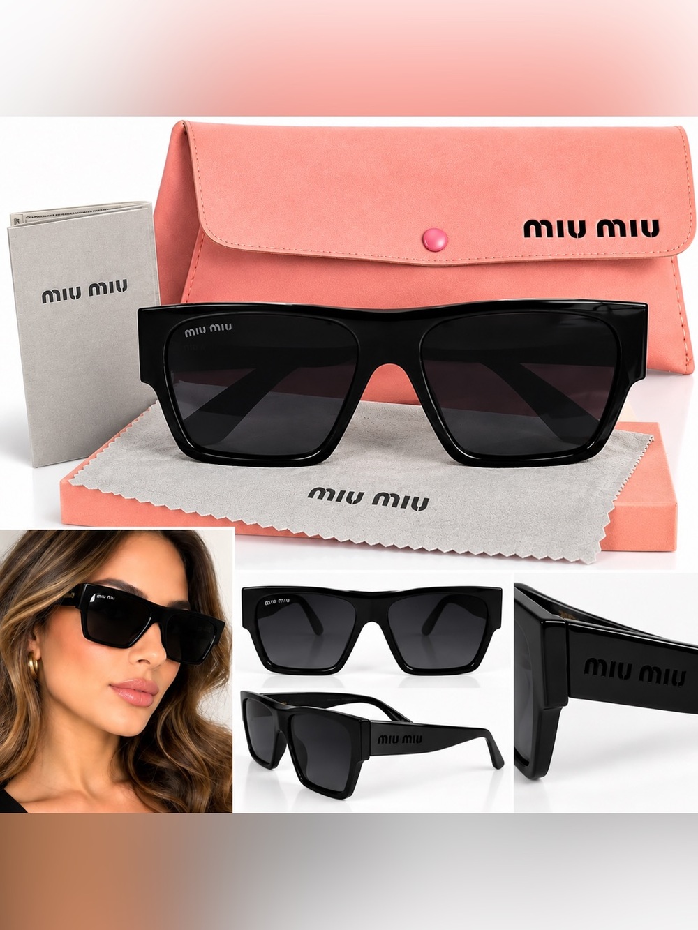 Miu Miu Black Oversized Square Sunglasses with Dark Smoke Lenses